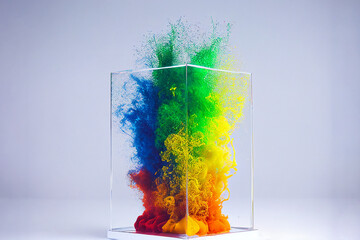 A glass box filled with explosive colourful powder. Concept of idea in a box