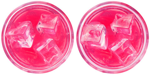 Pink alcoholic or soft cocktail with ice, Fresh colorful exotic, summer refreshing drink, top view, Red colorful Mojito