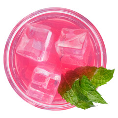 Red and pink cocktail with ice and mint, alcoholic cocktail in assortment, refreshing exotic cocktail, isolated on white, top view