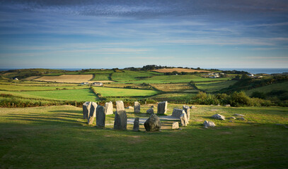 archaeological site of prehistoric stone circle of Drombeg, County Cork in southern Ireland
