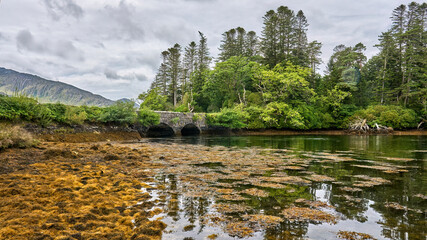 Landscape with Old stone arch bridge in Connemara County County Galway, Republic of Ireland