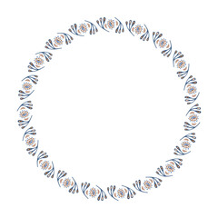 Round frame wreath with abstract botanical designs and squiggles.