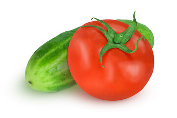 Tomato and cucumber on an isolated white background.