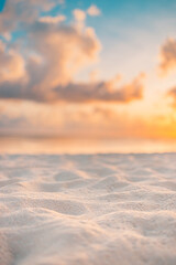 Ocean beach sand closeup at sunset sunrise landscape outdoor. Beautiful colorful sky with clouds natural island sea with copy space, sun rays seascape, dream nature. Inspirational shore, coast