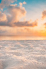 Ocean beach sand closeup at sunset sunrise landscape outdoor. Beautiful colorful sky with clouds natural island sea with copy space, sun rays seascape, dream nature. Inspirational shore, coast