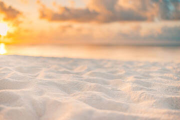 Ocean beach sand closeup at sunset sunrise landscape outdoor. Beautiful colorful sky with clouds natural island sea with copy space, sun rays seascape, dream nature. Inspirational shore, coast