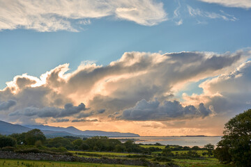 sunset with dramatic cloud sky  at Clifton beach in county Galway, western part of the Republic of Ireland