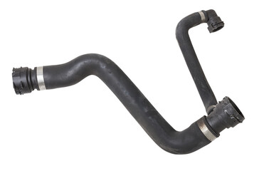 Black plastic hose of the car engine cooling system on a white isolated background in a photo studio for replacement during repair or for a catalog of spare parts for sale on auto disassembly.
