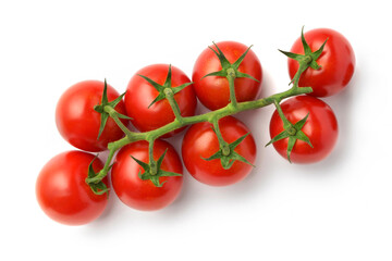 Bunch of fresh, red tomatoes with green stems isolated on white background. Well separated from the background.