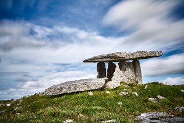 archaeological megalitic stone tomb of Poulnabrone in the Burren area of Cunty Clare in northwestern Ireland