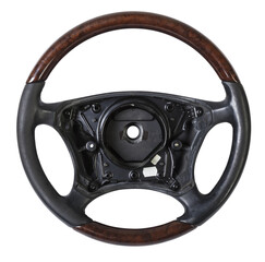 Steering wheel for car and truck isolated on white background. Automobile vehicle part or equipment. Round modern style consist of black leather and brown wood. 