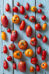 Ugly tomatoes on a light wooden table, top view, rustic style