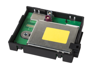 Plastic car engine control unit with metal elements on a white isolated background is the connecting center of various subsystems, units and assemblies. Monitoring the state of the moment. Spare part