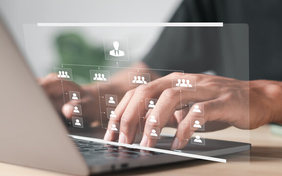 Organization chart with hierarchy structure of teams and employees in company.  Business process and workflow automation with flowchart. Business and technology concept.