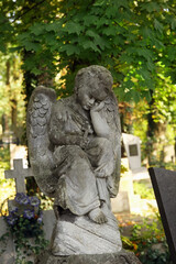 Beautiful statue of angel at cemetery on sunny day, space for text. Funeral ceremony