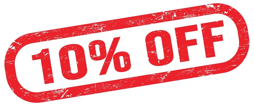 10% OFF, text written on red stamp sign.