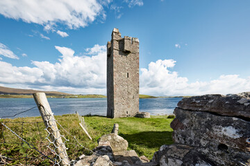 ruin of Carrickkildavnet tower house castle  on Achille Island in County Mayo, Republic of Ireland