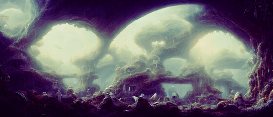 Artistic concept painting of a beautiful sci-fi landscape,  dark alien world Tender and dreamy design,  Generative AI