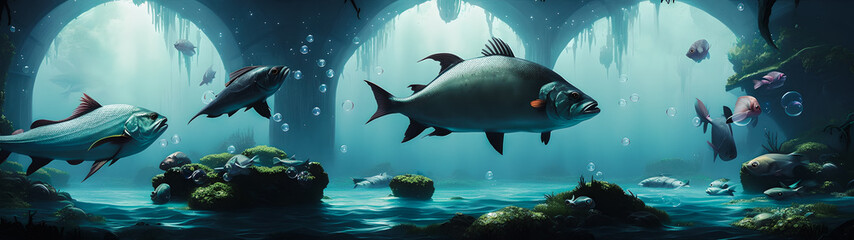 Obraz na płótnie Canvas Artistic concept illustration of a underwater world with big fish in the background, background illustration.