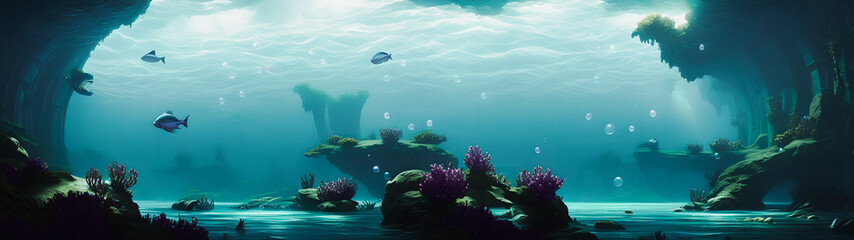 Obraz premium Artistic concept illustration of a underwater world with big fish in the background, background illustration.