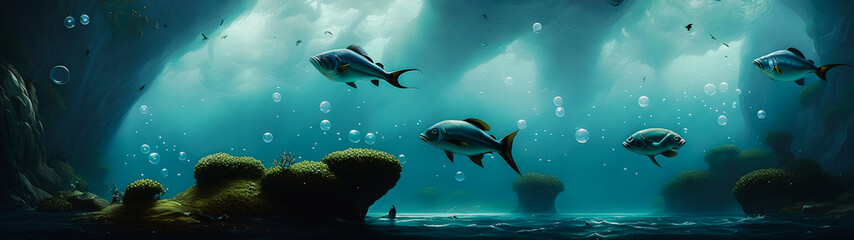Obraz na płótnie Canvas Fish swimming in the sea, dark deep.