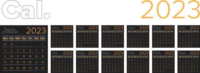 New Modern square monthly minimal style dark background calendar 2023 week starting on monday
