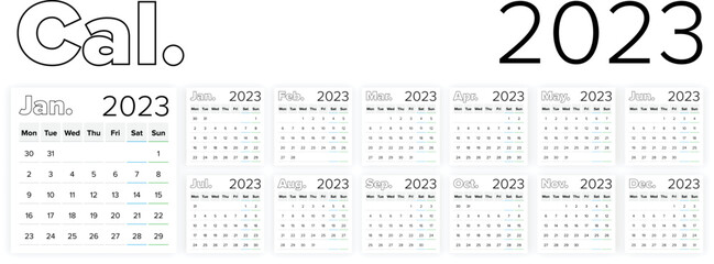 New Modern square monthly minimal style white background calendar 2023 week starting on monday 