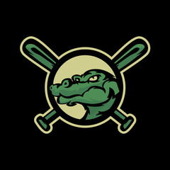gators baseball team logo design with mascot head and crossed bats for school, college, or league