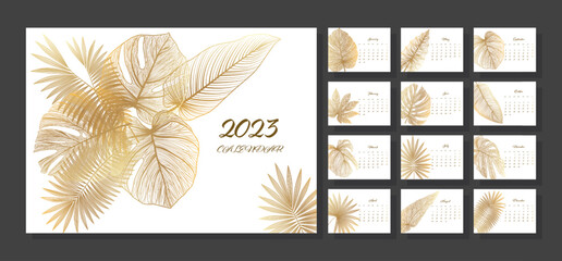 A set of calendar templates with golden leaves. 12 months of 2023. Vector illustration.
