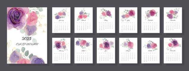 A set of calendar templates. Alcohol ink drawings flowers. 12 months of 2023. Vector illustration.