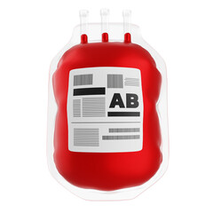 blood bag group AB isolated. blood pack for transfusion, blood donation cartoon concept. 3d illustration PNG file - obrazy, fototapety, plakaty