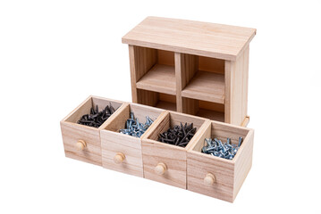 Wooden box for metal bolts, screws and nuts close up, metal self-tapping screws made of steel, self-tapping screw for metal, for iron, chrome-plated self-tapping screw,
