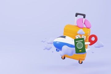 3d illustration of travel luggage floating with airplane, passports, airline boarding pass tickets, location mark.