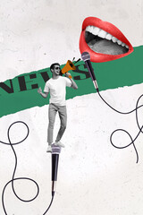 Collage photo of young miniature funny guy announcement information breaking news talking lips...