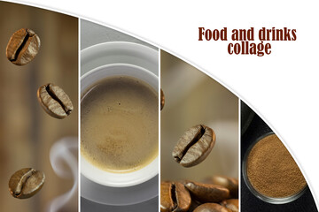 Collage of food and drinks. Coffee beans and a cup of coffee on a dark background. Coffee aroma. 