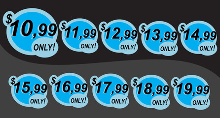 Discount sticker Template with 10,99 11,99 12,99 13,99 14,99 15,99 16,99 17,99 18,99 19,99 only. Vector template design, Sale, price tag illustration.