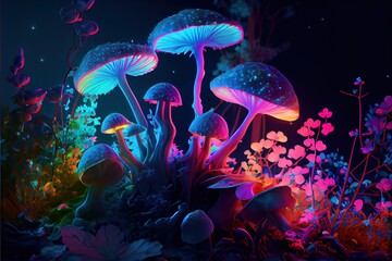 Obraz na płótnie Canvas magic mushrooms in forest glowing and shining fanatasy art