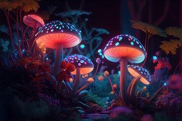 Fototapeta na wymiar magic mushrooms in forest glowing and shining fanatasy art
