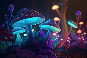 magic mushrooms in forest glowing and shining fanatasy art - obrazy, fototapety, plakaty