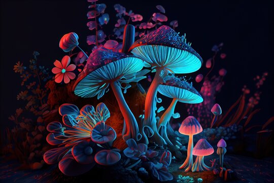 magic mushrooms in forest glowing and shining fanatasy art