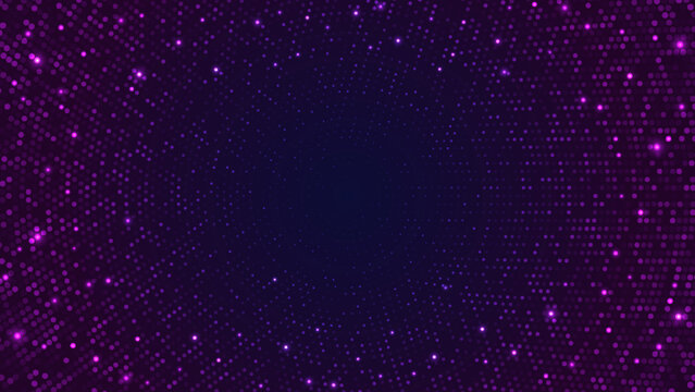 Abstract disco glitter neon uv light space star background. Night bright fluorescent luminous sky banner. Sparkle glowing violette lights trendy poster or cover template with copy space for your text