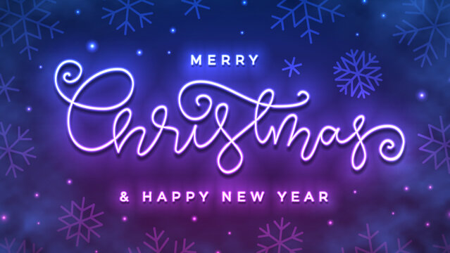 Merry Christmas Happy New Year hand lettering neon sign. Night bright fluorescent banner. Xmas winter holiday snowy frosty fog luminous poster. Neon uv light glowing signboard on snowflake background