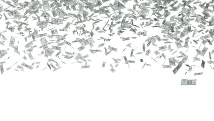 One hundred US dollar bills are falling on transparent background.