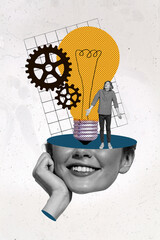 Vertical poster collage of open head lamp inside black and white isolated on painting grey color background