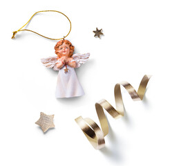 elements for christmas design. christmas decoration angel, confetti and golden stars on a...