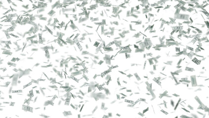 One hundred US dollar bills are falling on transparent background.