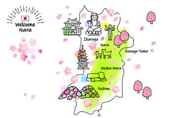 春の奈良県の観光地のシンプル線画イラストマップ（ピンク）