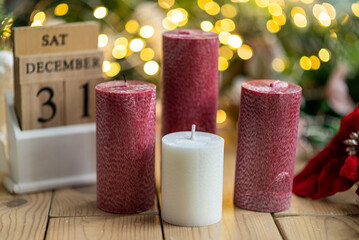 Palm wax candles. Set of candles red and white. Christmas decorations