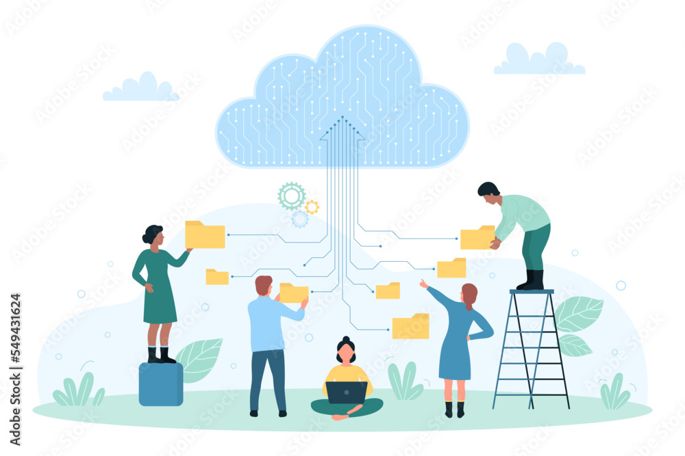 Poster cloud data storage, network technology vector illustration. cartoon tiny people holding folders with