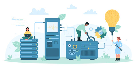 Web development technology vector illustration. Cartoon tiny people develop product with devices and laboratory equipment, light bulb and tools, creative work process of technical support service